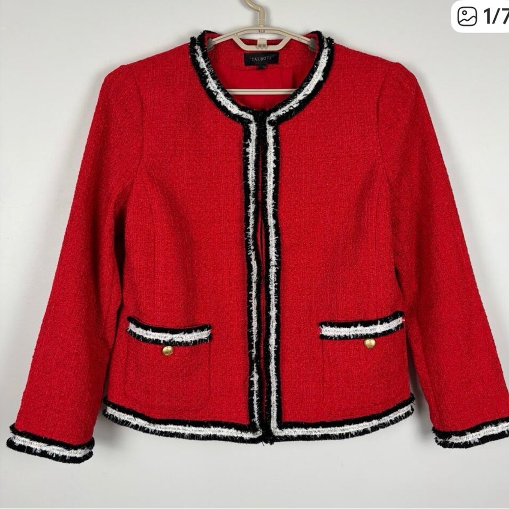 Talbots Red Tweed Chenille Blazer Jacket 14 elegant office regal